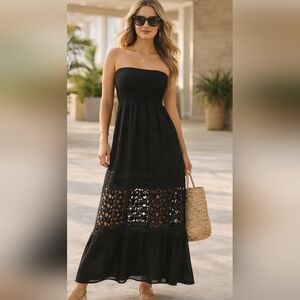Justify Black Strapless Maxi Dress Crochet Lace Boho XL